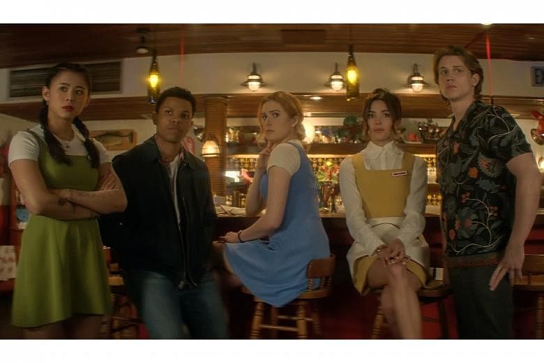 Nancy Drew (centre, Kennedy McMann) and her friends (from left) George (Leah Lewis), Ned (Tunji Kasim), Bess (Maddison Jaizani) and Ace (Alex Saxon). 
