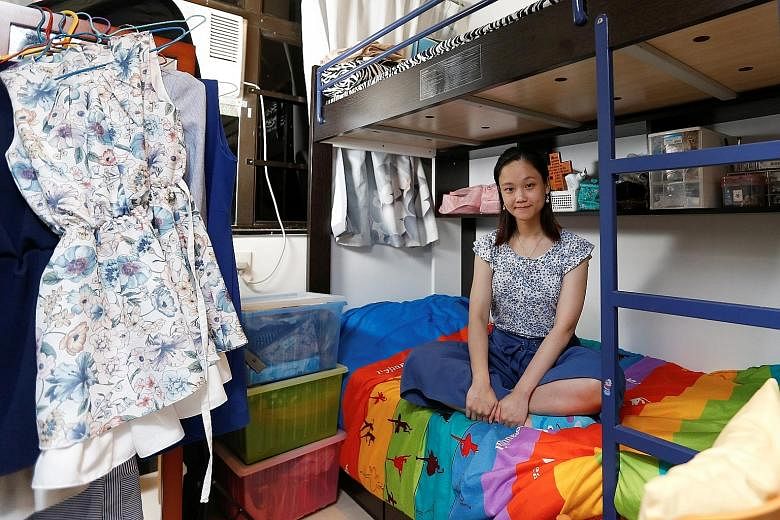 Above: Primary school teacher Eunice Wai, 30, who lives with her parents and a brother, in her 7.4 sq m bedroom in her family's apartment. Chief Executive Carrie Lam sought to address the housing crisis in her speech yesterday. Far left: Pro-democrac