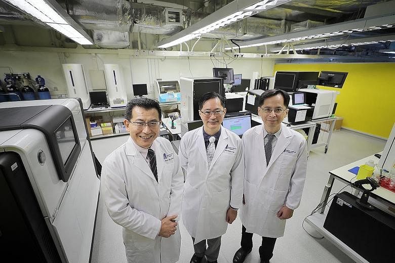 (From left) Prof Liu Jianjun, deputy executive director and senior group leader (human genetics) at the Genome Institute of Singapore (GIS); Prof Patrick Tan, GIS executive director; and Prof Cheng Ching-Yu, principal clinician scientist at the Singa