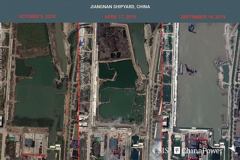A combination image of satellite photos showing Jiangnan shipyard in Shanghai, China, on Oct 3, 2018, April 17, 2019, and Sept 18, 2019. Analysts say expansive infrastructure work at the shipyard suggests China's first full-sized aircraft carrier wil