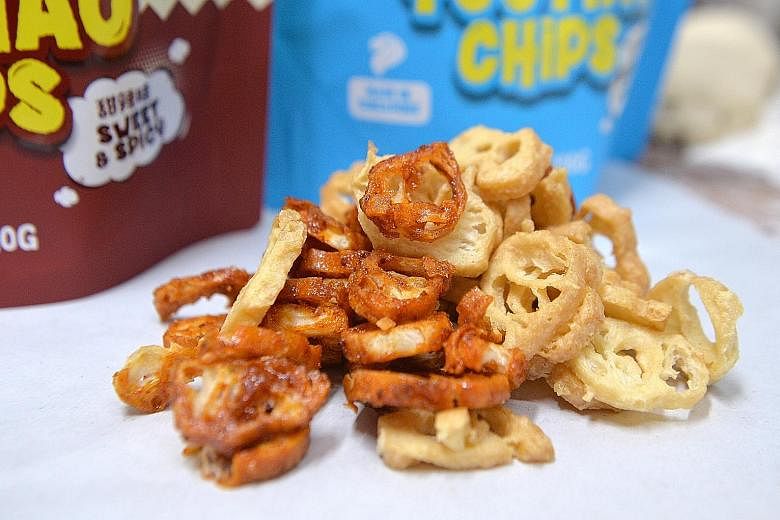 Ms Audrey Chew got together with Ms Bandana Kaur to create you tiao chips (above), which come in two flavours - soya milk with coconut; and sweet and spicy.