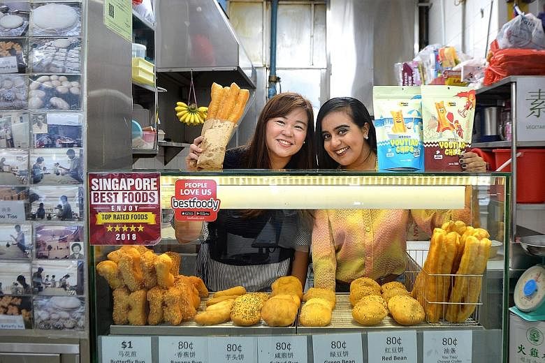 Ms Audrey Chew (left) got together with Ms Bandana Kaur (right) to create you tiao chips, which come in two flavours - soya milk with coconut; and sweet and spicy.