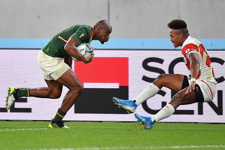 Makazole Mapimpi is too fast and powerful for Japan's Kotaro Matsushima to stop. The South African winger scored two tries as the two-time champions beat the hosts in yesterday's quarter-final in Tokyo. 