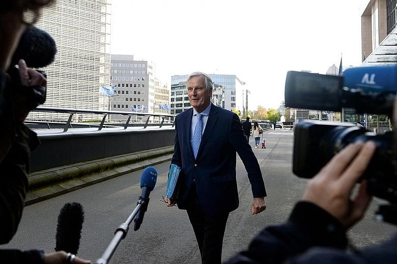 The European Union's chief Brexit negotiator Michel Barnier after an EU27 meeting in Brussels yesterday to discuss postponing Britain's exit from the bloc, less than a week before the current deadline next Thursday. PHOTO: REUTERS
