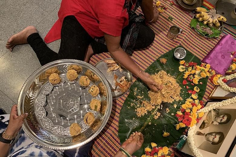 For the ancestral prayer session, about 20 dishes are prepared which, for the writer's family, include everything from dalcha to devil curry (above). After the prayers, the food is mixed and formed into balls (left) and served to everyone who took pa