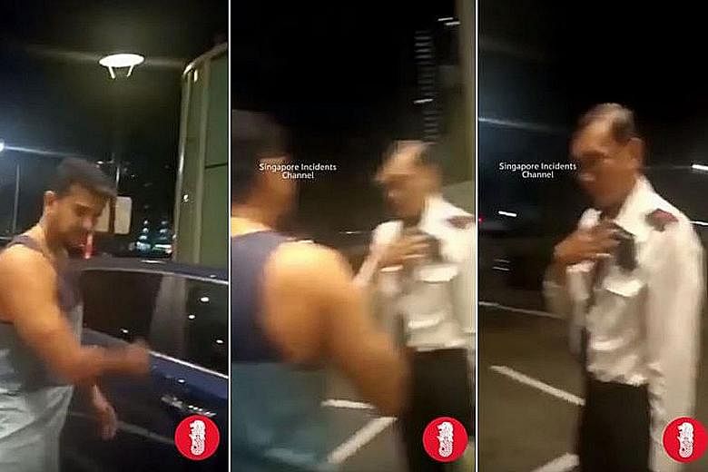 Screengrabs from a video showing a man expressing his displeasure at a security officer after being told that he needed to pay parking fees for guests visiting his condominium. PHOTO: SINGAPORE INCIDENTS/ YOUTUBE