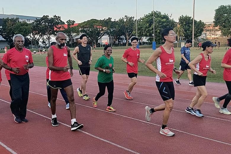 Above: SMA deputy president Samuel Veera Singaram says that with the Masters athletics dispute heating up, its lawyers had proposed to SA for the issue to undergo mediation. Left: Singapore Masters Athletics members training at Yio Chu Kang Stadium.