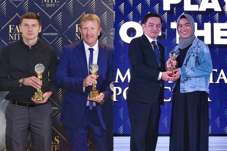 DPMM's SPL top scorer Andrei Varankou (left) and their Coach of the Year Adrian Pennock; Women's Player of the Year Nur Emilia Natasha of Police SA getting her award from FAS council member Kelvin Teo.