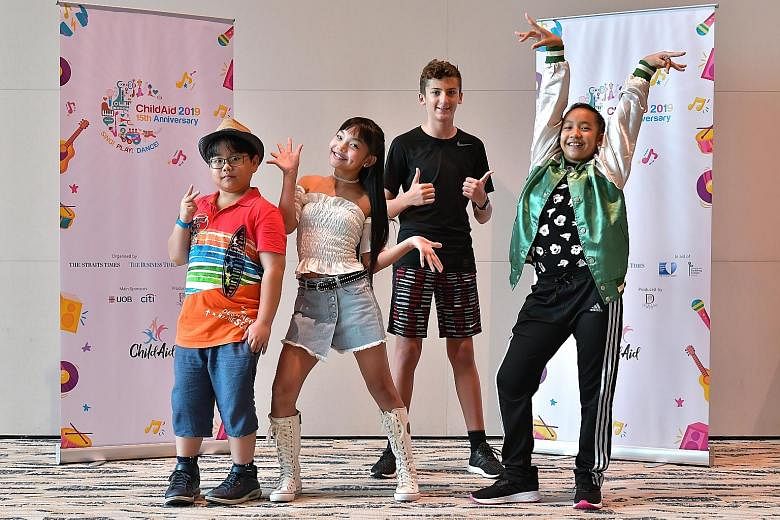 This year's ChildAid concert emcees are (from left) Rey Phua, 11; Gisele Chiam, 10; Steven Simopoulos, 12; and Sri Qaseh Nuraisyah Abdullah, 12. The charity event will showcase young performers using their talents to raise funds for needy students. S