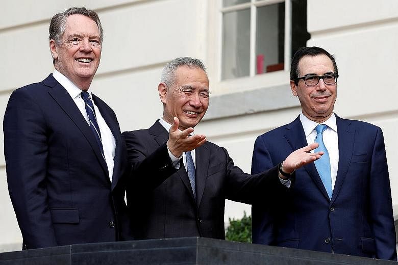 China's Vice-Premier Liu He with US Trade Representative Robert Lighthizer (left) and Treasury Secretary Steven Mnuchin at a media session before the two countries resumed trade negotiations in Washington last month.
