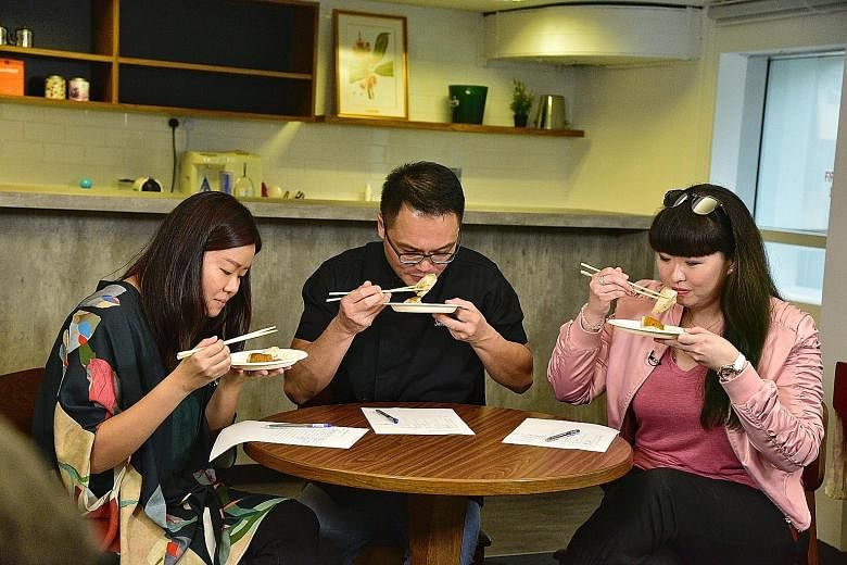 Soya sauce chicken to emerge tops in the blind taste test are from (clockwise from far left) Treasures Noodle & Congee House (No. 1), Crystal Jade Hong Kong Kitchen (No. 2) and Xiang Jiang Soya Sauce Chicken (No. 3). On the judging panel were (from f