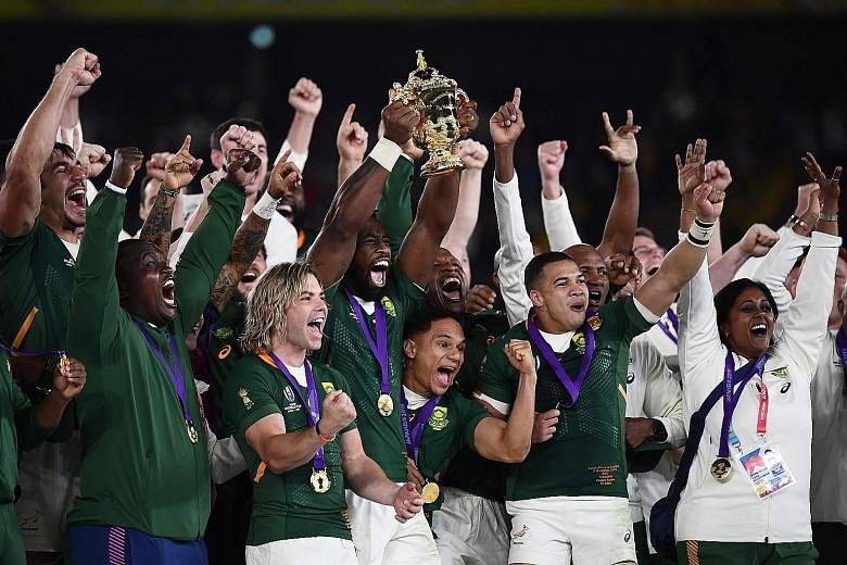 South Africa captain Siya Kolisi lifting the Webb Ellis Cup as they celebrate beating England 32-12 in the Rugby World Cup final at the International Stadium Yokohama yesterday. 