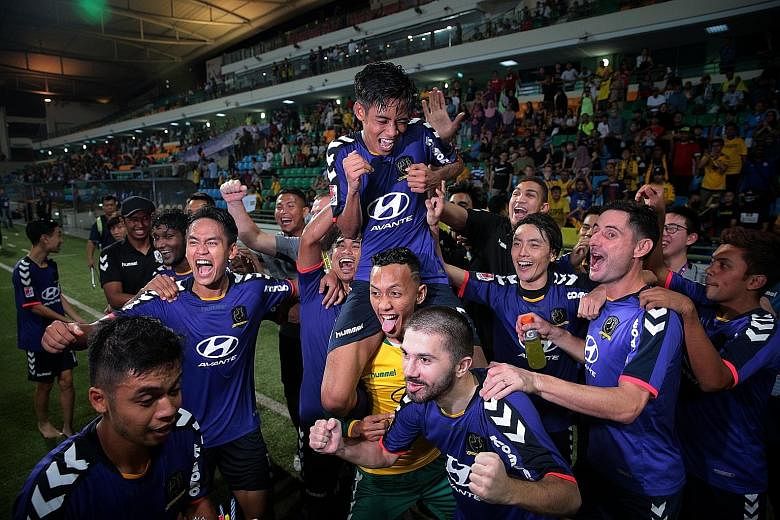 Tampines Rovers players celebrating after beating Warriors FC to clinch the Singapore Cup last Saturday. The Stags could be playing in the new Asean Club Championship next year as Singapore's representatives. ST PHOTO: JASON QUAH