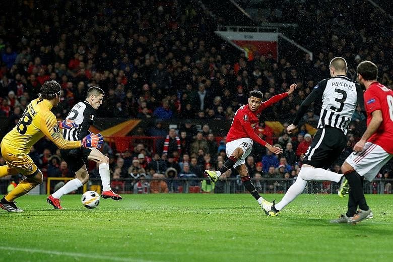 Manchester United's 18-year-old striker Mason Greenwood scoring the first goal of the night in the 3-0 Europa League win over Partizan Belgrade. The victory ensured that United have made it through to the knockout stage of the competition. 
