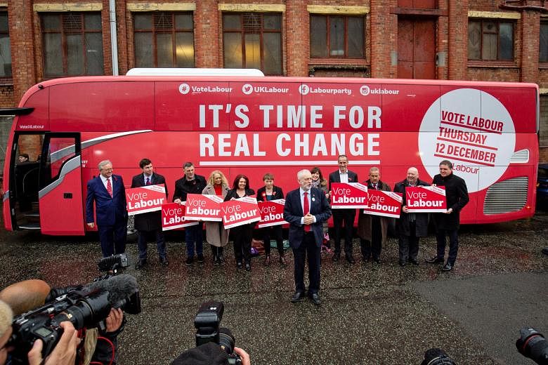  Britain's Labour Party leader Jeremy Corbyn unveiling the party's campaign bus during a campaign trail on Thursday, ahead of the general election. 
