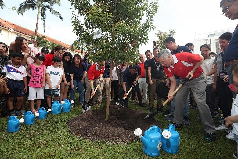 Prime Minister Lee Hsien Loong planted a tree near the Countryside Playground in Yio Chu Kang yesterday, as part of the Ang Mo Kio GRC and Sengkang West SMC Tree Planting Day. He was joined by Dr Koh Poh Koon (far left, in red), Senior Minister of St