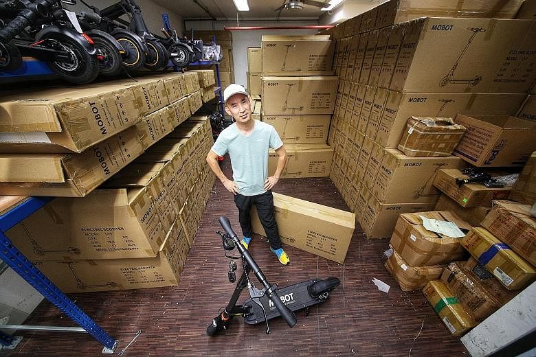 Mobot managing director Ifrey Lai says he has about 3,000 e-scooters, worth $1.5 million, languishing in his warehouse in Ubi. They have been paid for and cannot be returned to the manufacturer. After the footpath ban was announced, he adds, about 20