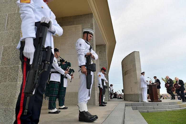 Members of the diplomatic corps, religious leaders and representatives of Singapore and foreign military groups were among those who attended the annual Remembrance Day service at the Kranji War Cemetery yesterday, which saw poppy wreaths (at right) 