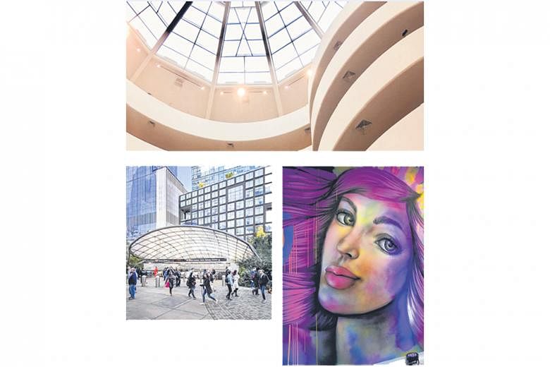 Clockwise from top: the rotunda of The Guggenheim Museum, the artwork of Brooklyn’s Isabelle Ewing and the Hudson Yards subway station.
