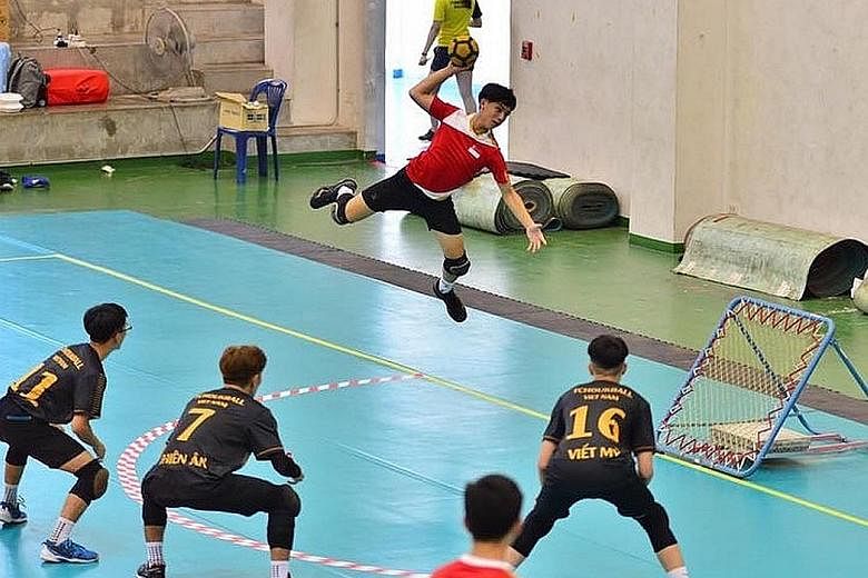 Zayne Sim, the youngest debutant at 15, scoring a goal for Singapore against Vietnam in their round-robin match. PHOTO: FB/TCHOUKBALL ASSOCIATION OF SINGAPORE