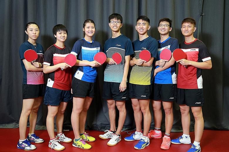 Above: Wong Xin Ru has steadily climbed the women's singles world rankings, from No. 741 to No. 185. Left: Singapore paddlers (from left) Yu Mengyu, Goi Rui Xuan, Wong Xin Ru, Josh Chua, Koen Pang, Ethan Poh and Clarence Chew. For the first time sinc