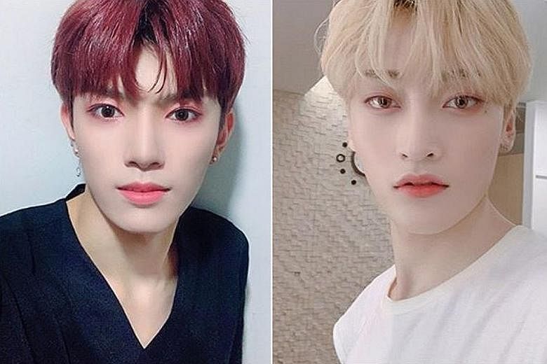 Two members of boy band TRCNG - Wooyeop (far left) and Taeseon - are suing TS Entertainment, saying they were physically abused by their agency's staff.