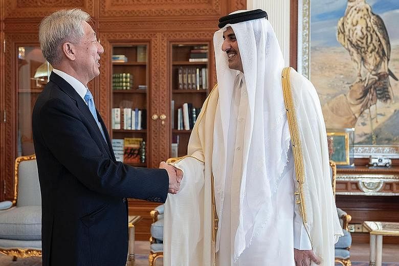 Senior Minister Teo Chee Hean calling on the Emir of Qatar, Sheikh Tamim bin Hamad Al Thani, on Monday. Mr Teo's visit to Qatar ended yesterday. PHOTO: STATE OF QATAR