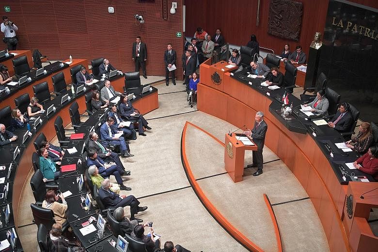 Prime Minister Lee Hsien Loong addressing the Mexican Senate on Wednesday. He is the first foreign head of government to do so since Mexican President Andres Manuel Lopez Obrador came to office last December. ST PHOTO: ARIFFIN JAMAR