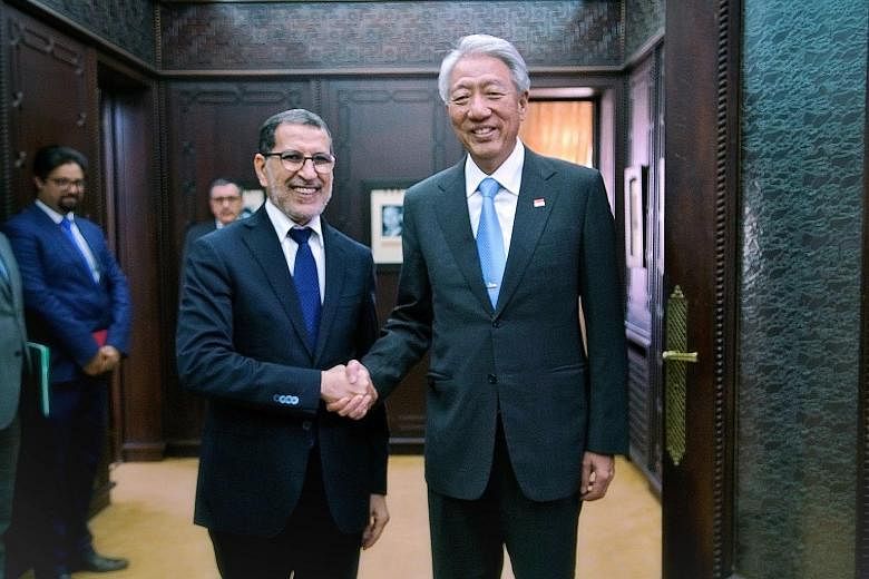 Moroccan Prime Minister Saad-Eddine El Othmani with Senior Minister Teo Chee Hean in Rabat on Thursday. Mr Teo is in the country on a four-day working visit that ends today.