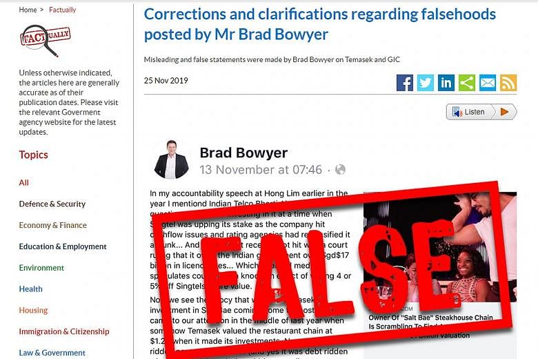 Progress Singapore Party member Brad Bowyer had implied in a Nov 13 post that the Government controls Temasek's and GIC's commercial decisions, which is false, the Government said on its fact-checking website Factually. PHOTO: GOV.SG