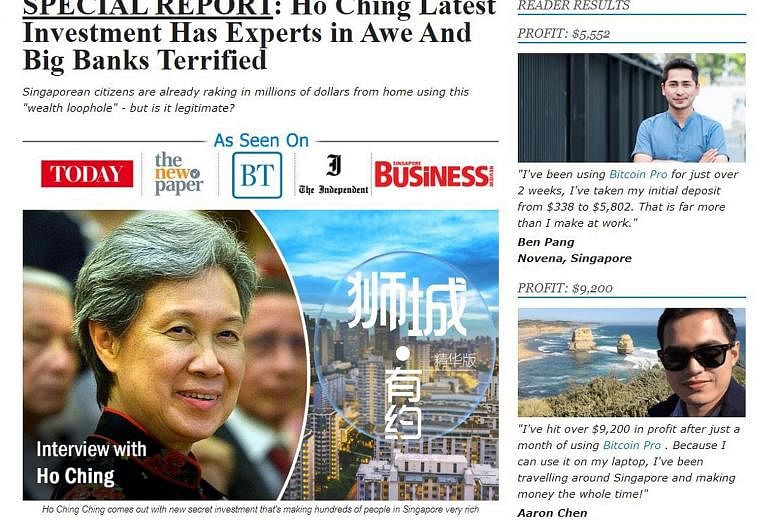 A bogus report uses Ms Ho Ching's photo and says she has come out with a "new secret investment that's making hundreds of people in Singapore very rich".