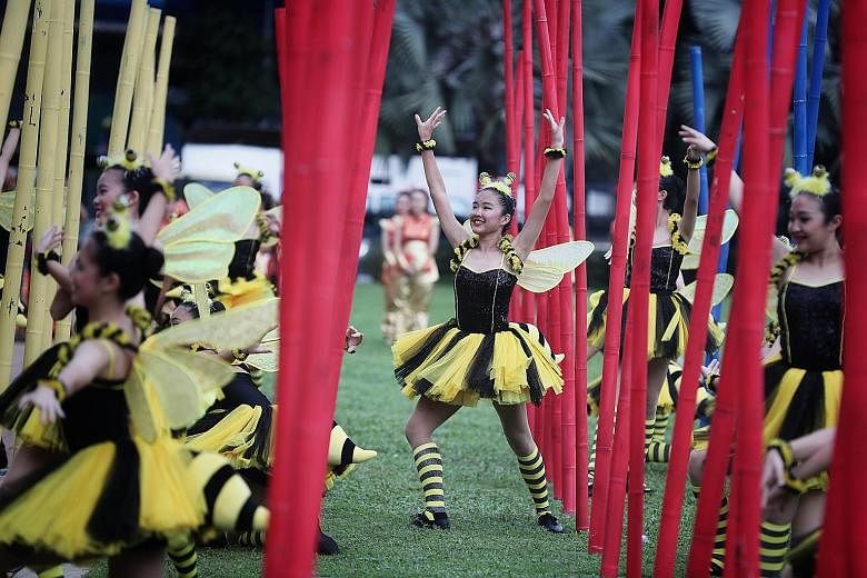 Above: Sixteen-year-old Loke Mun Len (centre), from The School of Dance, dressed as an energetic bumblebee during a performance at the Chingay 2020 media preview yesterday at the People's Association Headquarters in Jalan Besar. About 6,000 volunteer perf