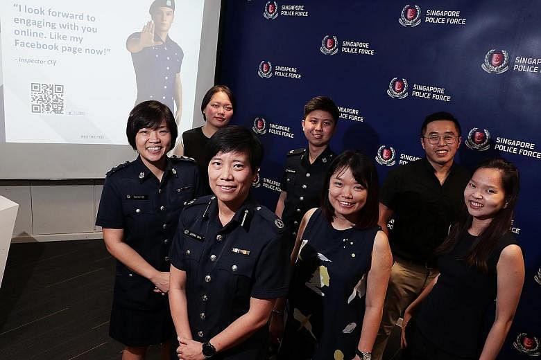 Deputy Assistant Commissioner Serene Chiu (second from left), with members of the New Media Team from the Singapore Police Force's Public Affairs Department, who are involved in the development of the online police avatar, Inspector Clif (far right).