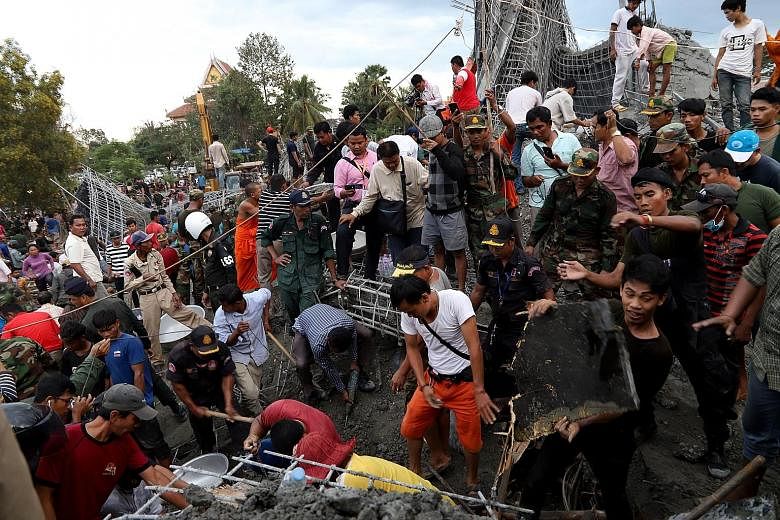 Cambodian rescuers searching for victims on Monday after a Buddhist temple that was being built in Siem Reap collapsed.
