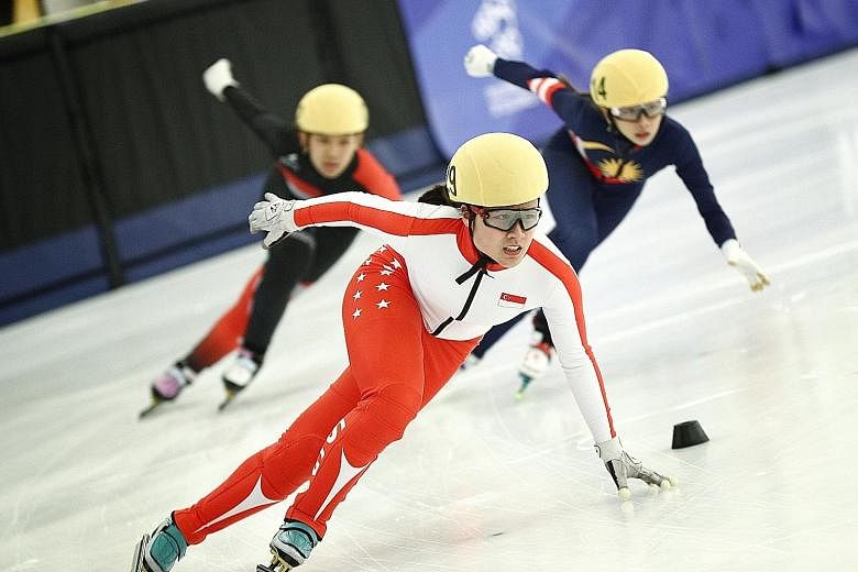 Cheyenne Goh leading from start to finish to win the short-track speed skating 500m by over a second. PHOTO: LIANHE ZAOBAO