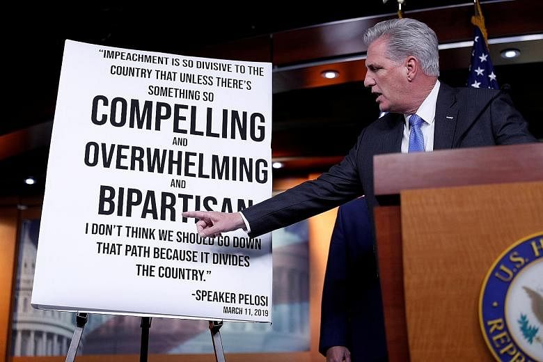 House Minority Leader Kevin McCarthy, a Republican, delivering remarks against impeachment during a press conference on Capitol Hill on Tuesday. PHOTO: REUTERS