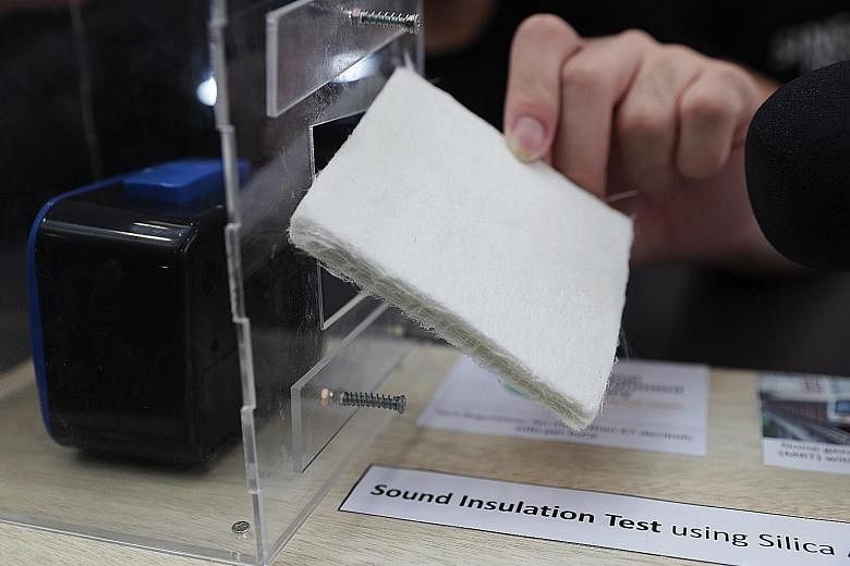 The Singapore Polytechnic team's aerogel can be used as a sound barrier. When combined with glass fibre, the material can reduce sound levels by 12.5 per cent.