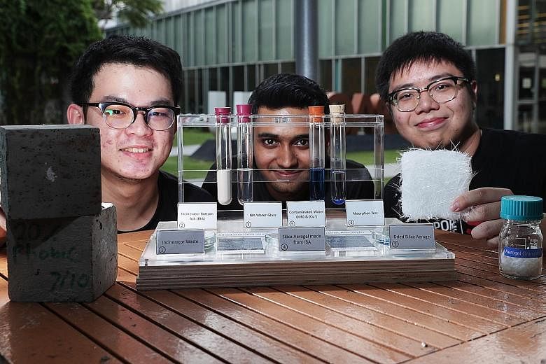 Singapore Polytechnic students (from left) Nicolaus Syaiful, Sakalesh Ashoka Rugi and Jordan Lim are part of a team that has turned a by-product of incinerating waste into an aerogel which has the potential to be used as a water decontaminant, as a s