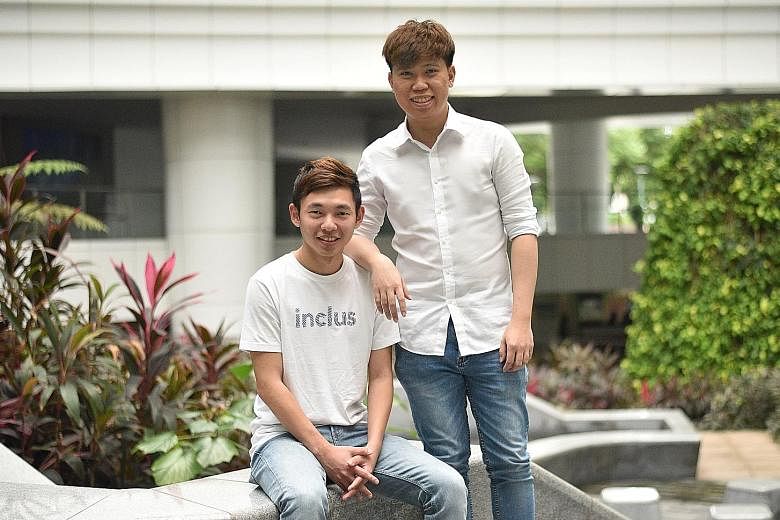 Institute of Technical Education graduates Anders Tan (left), co-founder of Inclus, and Aow Jia Rong, chief executive and co-founder of Ezsofe. Both entrepreneurs are part of a diploma programme that sees companies working with the institute on work-