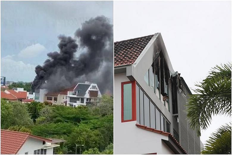 Black fumes billowing (far left) from the three-storey house at 7 Peakville Terrace in Bedok on Sunday. Firefighters used a water jet to put out the fire, involving items on the top floor (left). PHOTOS: LIANHE WANBAO, LIANHE ZAOBAO
