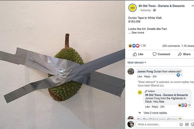 Maurizio Cattelan's Comedian at Art Basel Miami in Miami Beach, Florida, last Friday. Establishments such as local durian shop 99 Old Trees (left) and US-based online accessories shop Urban Bling (left below) posted their own spoofs, with a "durian p