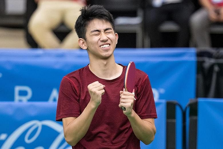 Left: Koen Pang enjoying the moment after beating fellow Singaporean Clarence Chew 4-0 in the men's singles final yesterday. Below: Singapore added a second table tennis gold through Lin Ye, after Feng Tianwei retired due to injury during the second 