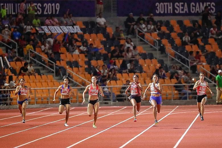 Shanti Pereira (third from right) finishing third in the SEA Games 200m final, earning one of Singapore's three bronzes in athletics. The result was a far cry from the two golds, two silvers and four bronzes in 2017.