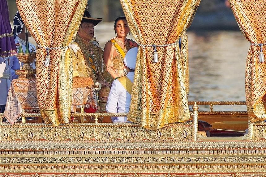 Left: King Maha Vajiralongkorn, Queen Suthida and his son, Prince Dipangkorn Rasmijoti, his youngest child from his third marriage. Far left: The royal barge, Suphannahong, carrying the King and Queen of Thailand. The banks of the Chao Phraya River i