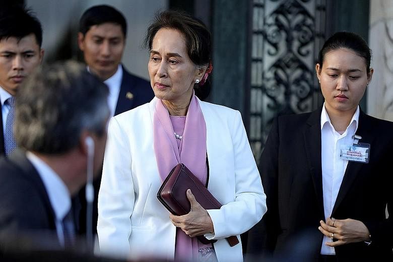Myanmar's leader Aung San Suu Kyi leaving the International Court of Justice, the United Nations' top court, in The Hague of the Netherlands. The court is hearing a case filed by Gambia against Myanmar alleging genocide against the minority Muslim Ro