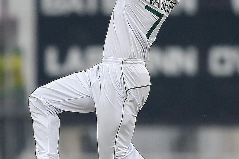 Pakistan's Naseem Shah delivering a ball during the first Test against Sri Lanka at the Rawalpindi Cricket Stadium yesterday.