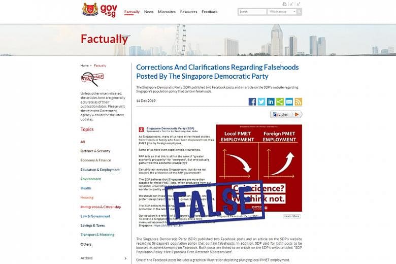 The Singapore Democratic Party will have to put up corrections alongside the posts and article, and link to the facts provided on the Government's fact-checking website Factually (above). PHOTO: GOV.SG