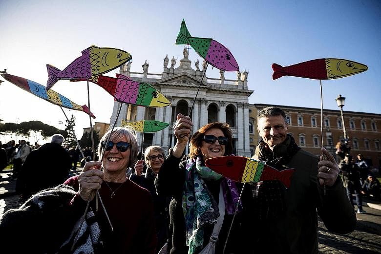 Supporters of the "Sardines", an anti-populist left-wing movement, during a rally at San Giovanni square in Rome last Saturday.
