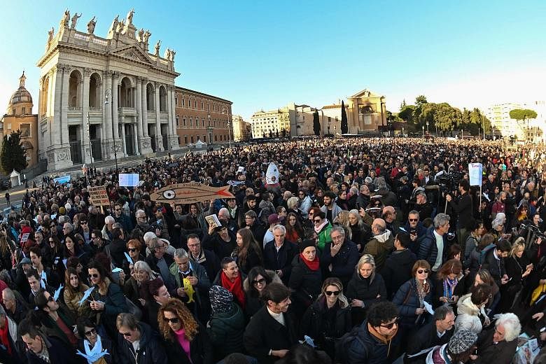 Demonstrators in Rome taking part in a protest last Saturday under the Sardines movement, which is named for its ability to pack piazzas. The movement reflects a general disgust among many liberal Italians over far-right Italian leader Matteo Salvini