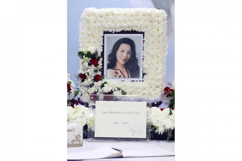 Former TV artist Lin Liyun started using a wheelchair in 2014; her memorial at the wake yesterday (above); and with the late Huang Wenyong in the drama series CID 83 (1983). 